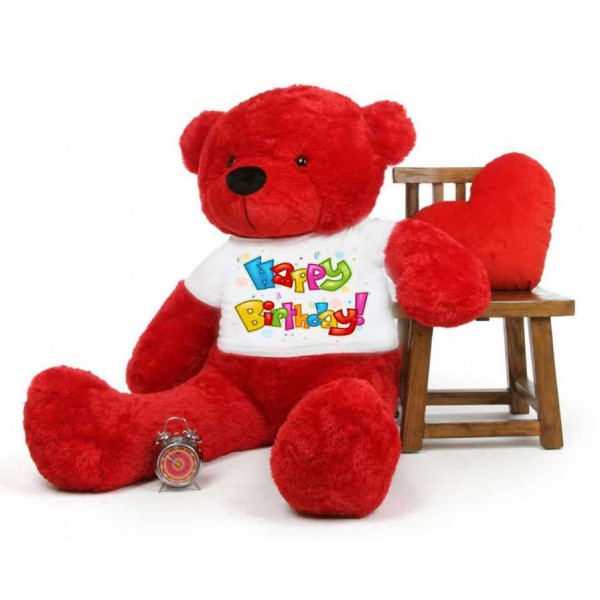 Red 5 feet Big Teddy Bear wearing a Happy Birthday T-shirt